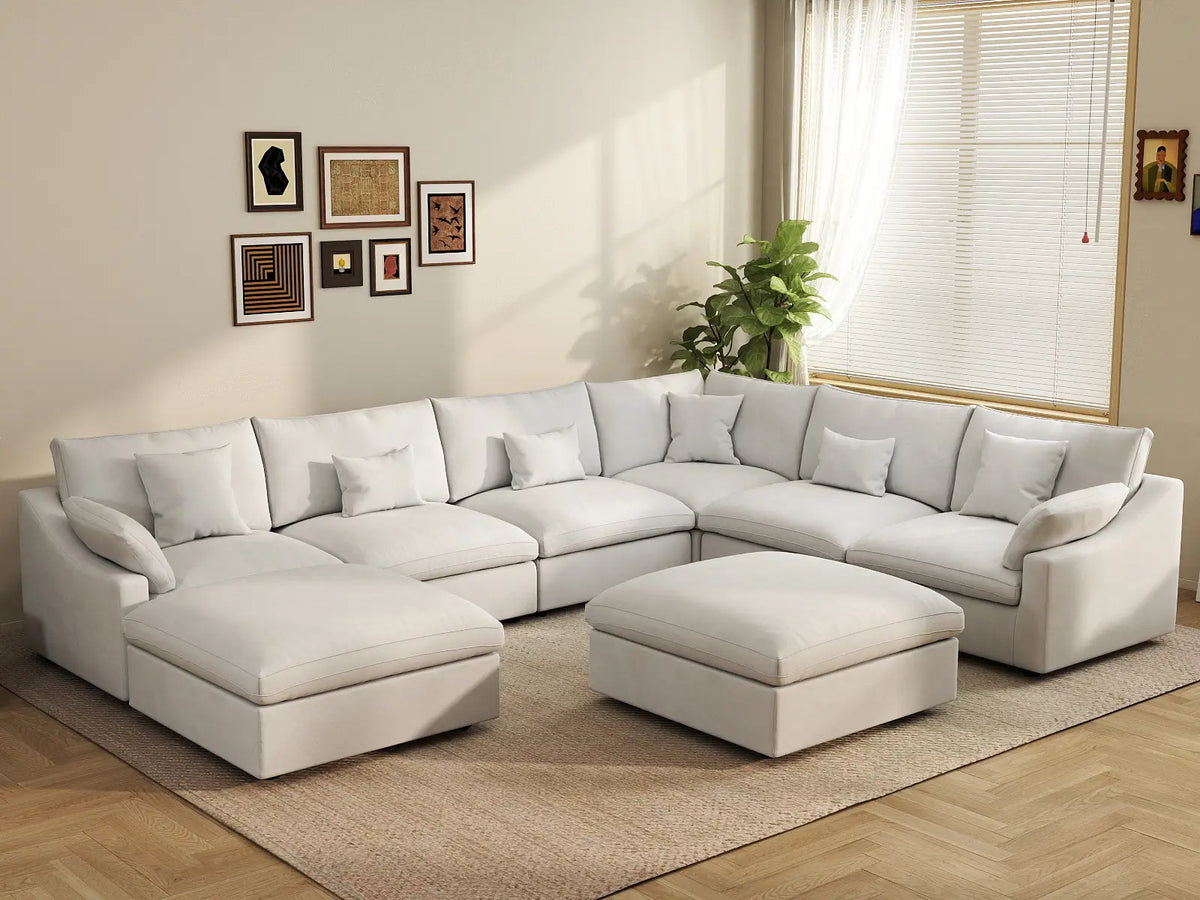Deluxe Cloud 6-Seater White Pit Sectional | 8-Piece (Includes 2 Ottomans), Chenille And Linen Fabric, Washable Cushion Covers