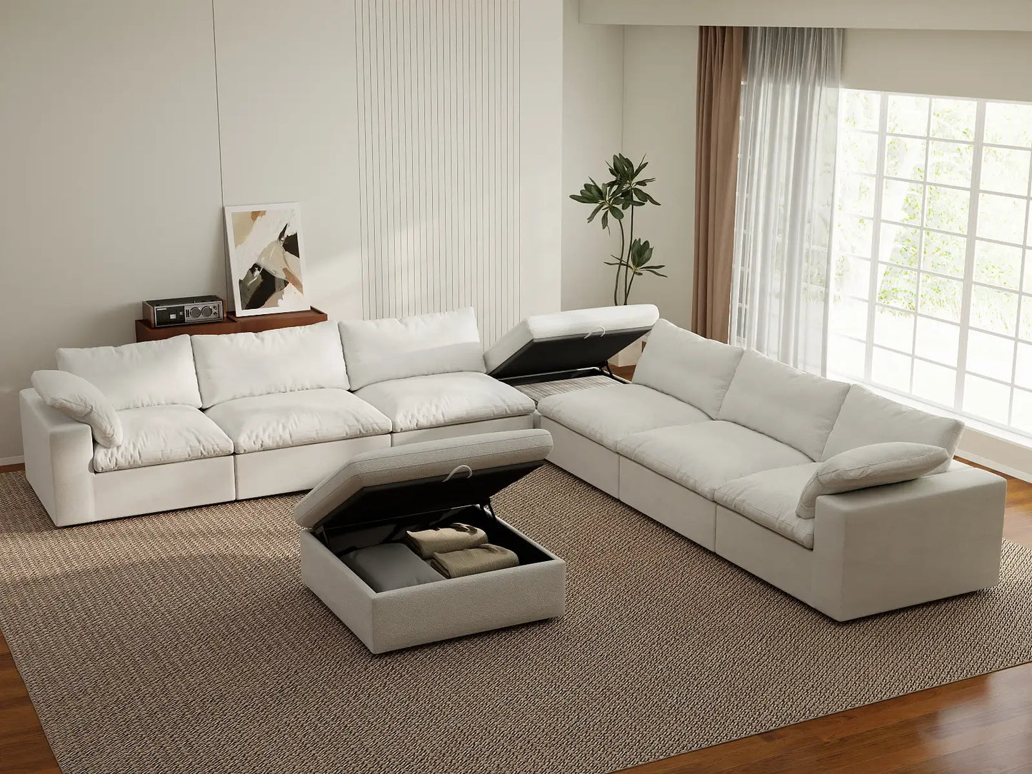 Deluxe Premium Cloud Sectional Sofa Covers | White Cotton and Linen Sofa Cover for 6-Seater with 2-Ottomans