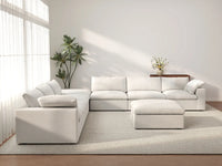 Deluxe Cloud 6-Seater White Sofa Set | 8-Piece (Includes 2 Ottomans), Cotton And Linen Fabric, Living Room, Washable Cushion Covers