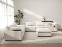 Deluxe Cloud 6-Seater White Sofa Set | 8-Piece (Includes 2 Ottomans), Cotton And Linen Fabric, Living Room, Washable Cushion Covers
