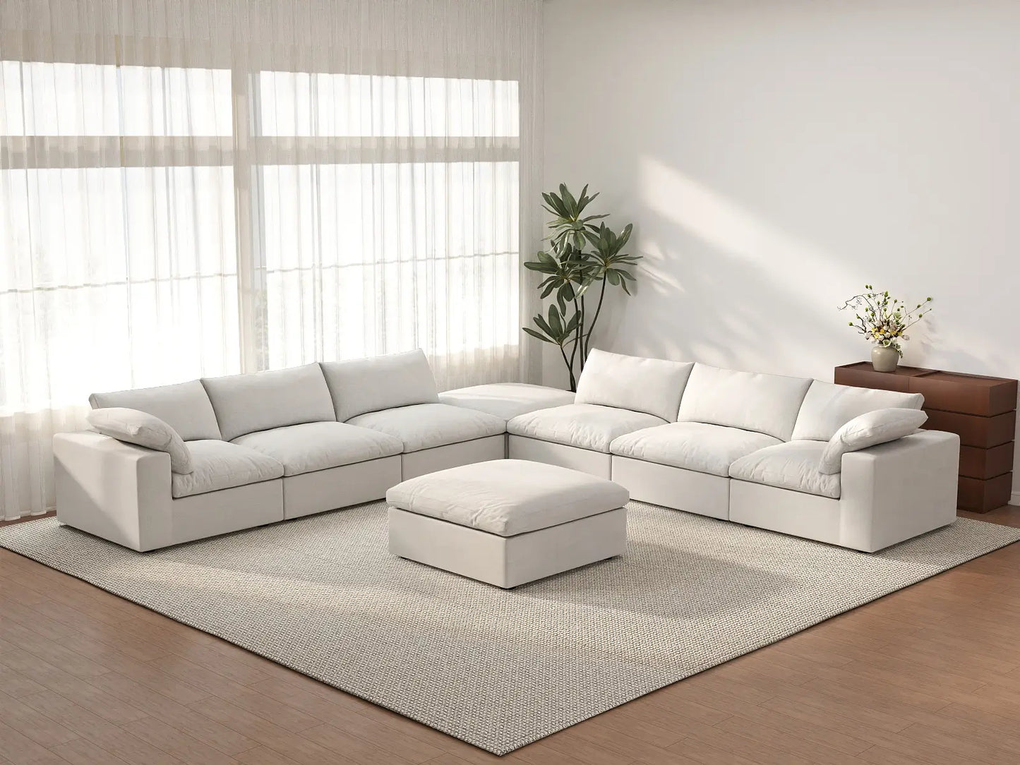 Deluxe Cloud 6-Seater White Sofa Set | 8-Piece (Includes 2 Ottomans), Cotton And Linen Fabric, Living Room, Washable Cushion Covers