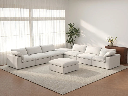 Deluxe Cloud 6-Seater White Sofa Set | 8-Piece (Includes 2 Ottomans), Cotton And Linen Fabric, Living Room, Washable Cushion Covers