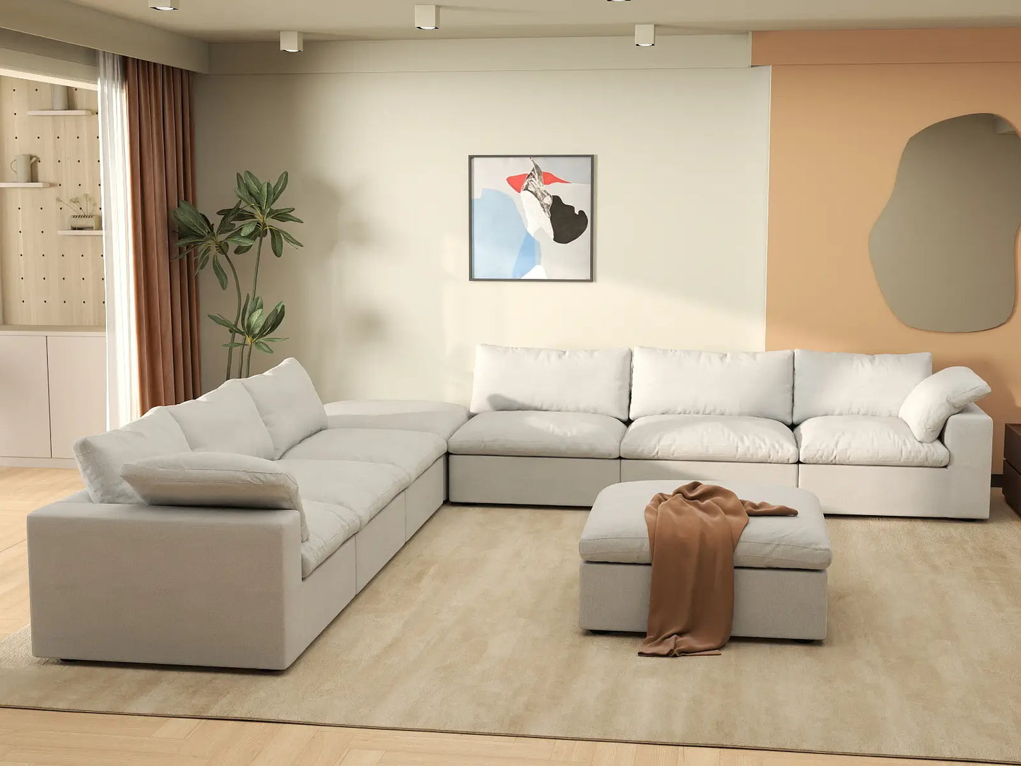 Deluxe Premium Cloud Sectional Sofa Covers | White Cotton and Linen Sofa Cover for 6-Seater with 2-Ottomans