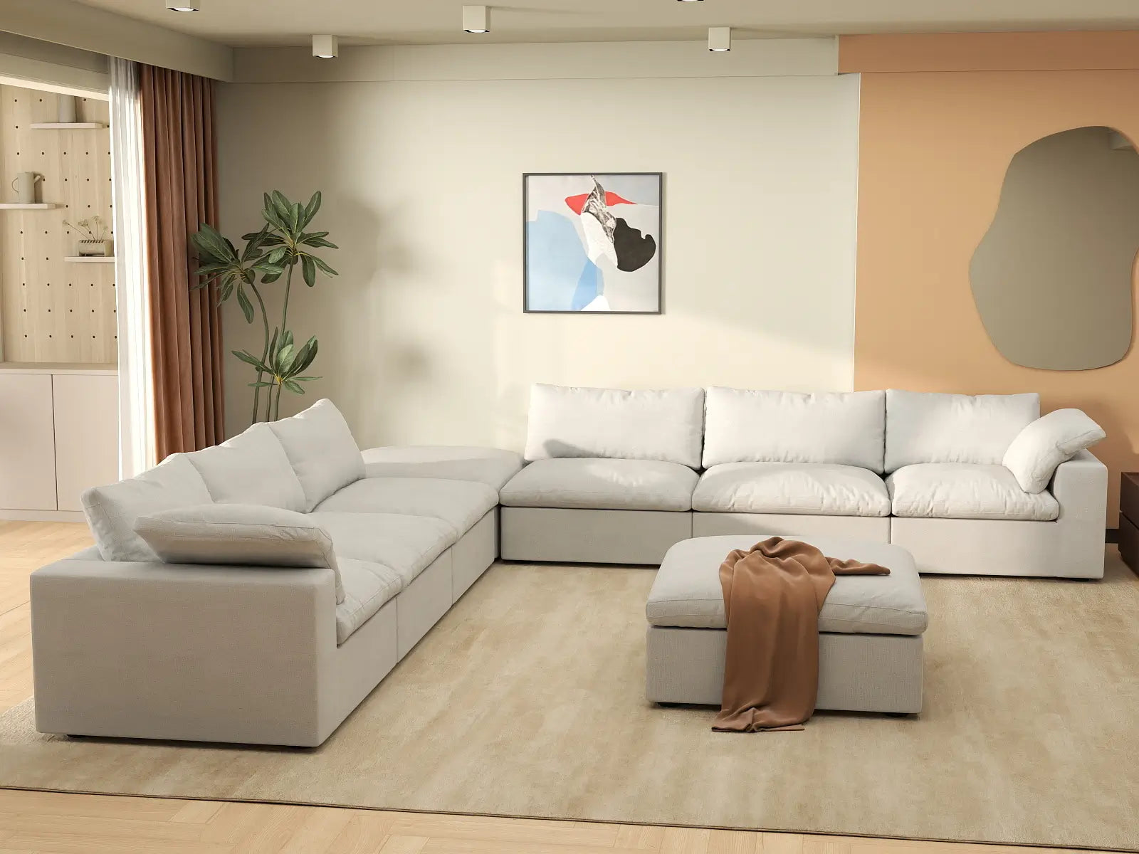 Deluxe Cloud 6-Seater White Sofa Set | 8-Piece (Includes 2 Ottomans), Cotton And Linen Fabric, Living Room, Washable Cushion Covers