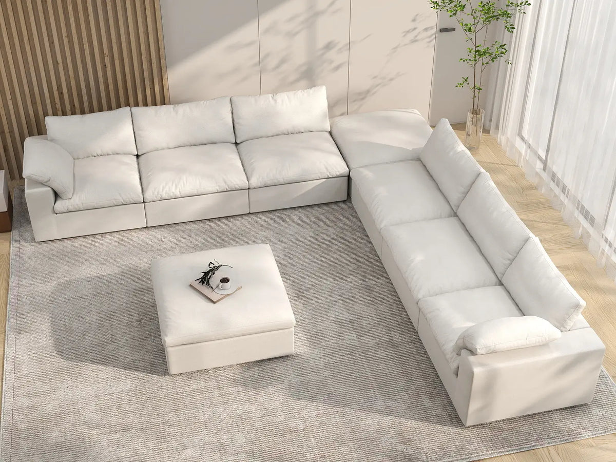 Deluxe Premium Cloud Sectional Sofa Covers | White Cotton and Linen Sofa Cover for 6-Seater with 2-Ottomans
