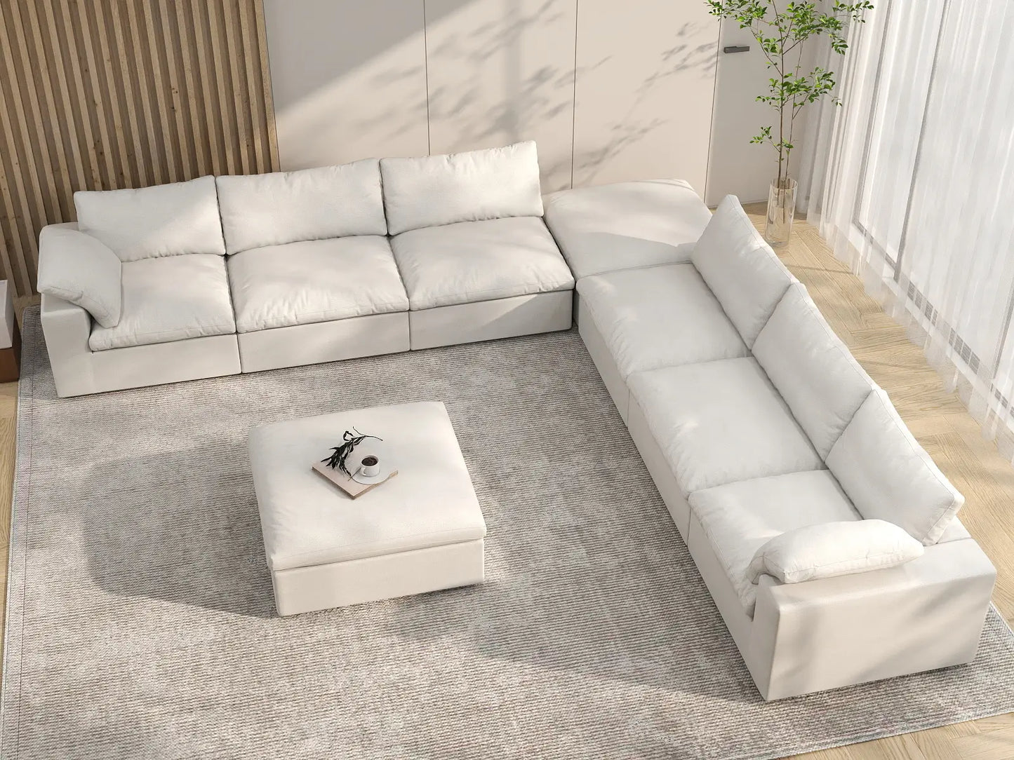 Deluxe Premium Cloud Sectional Sofa Covers | White Cotton and Linen Sofa Cover for 6-Seater with 2-Ottomans