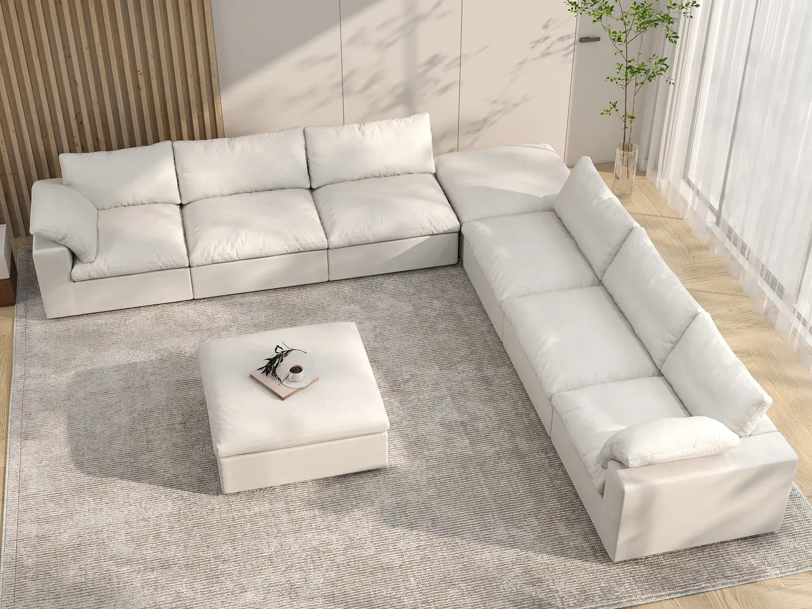 Deluxe Cloud 6-Seater White Sofa Set | 8-Piece (Includes 2 Ottomans), Cotton And Linen Fabric, Living Room, Washable Cushion Covers