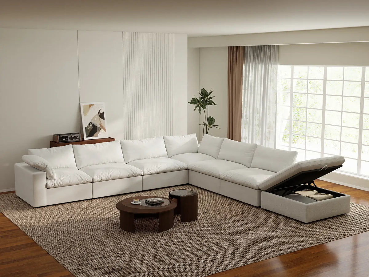 Deluxe Premium Cloud Sectional Sofa Covers | White Cotton and Linen Sofa Cover for 6-Seater with 1-Ottoman