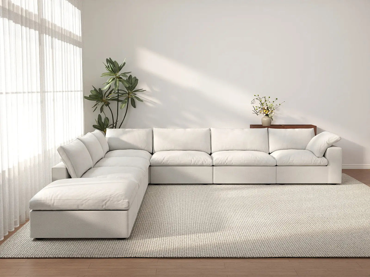 Deluxe Cloud 6-Seater White V-Shaped Sectional | 7-Piece (Includes 1 Ottoman), Cotton And Linen Fabric, Living Room Seating, Washable Cushion Covers