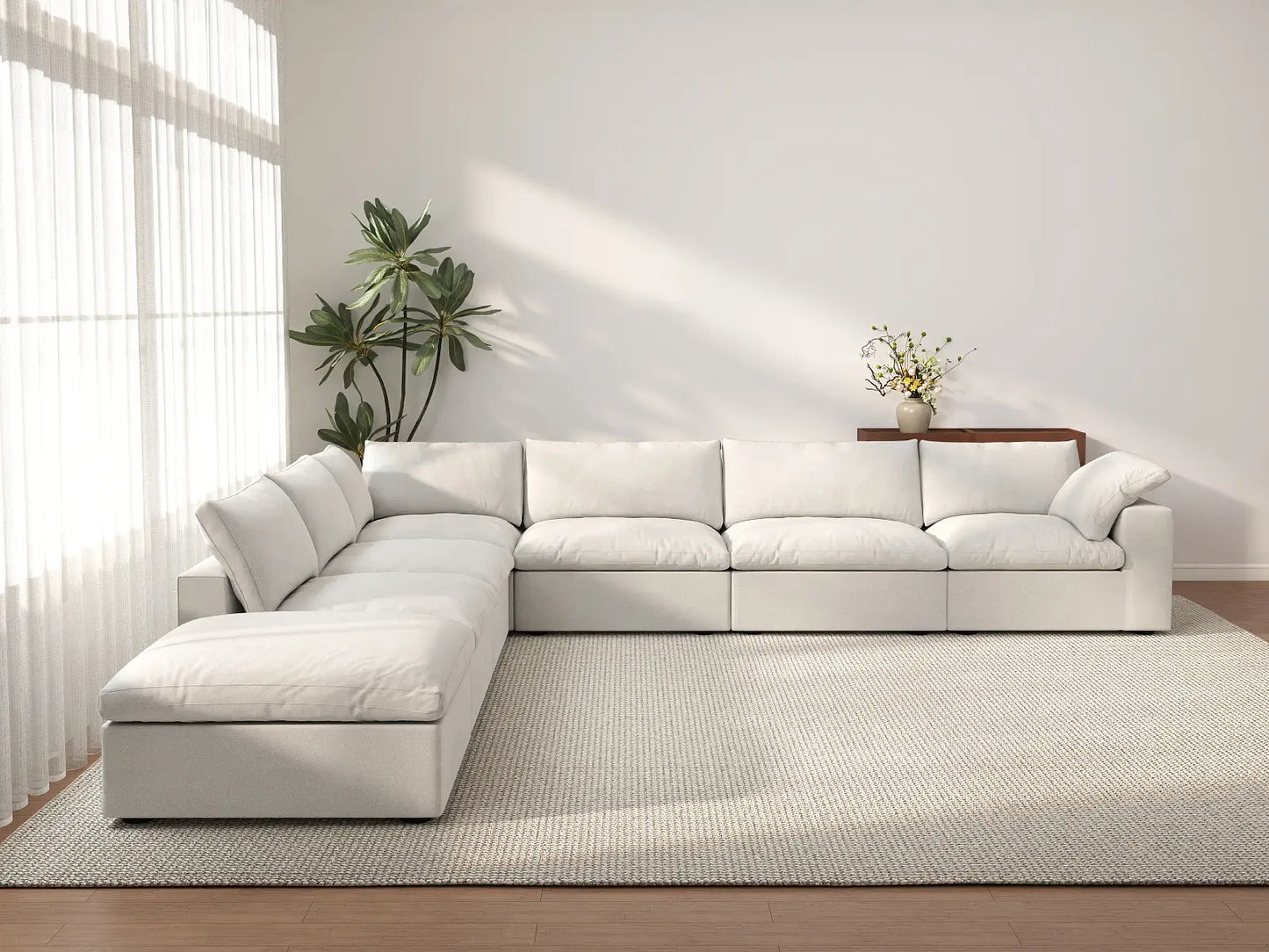 Deluxe Cloud 6-Seater White V-Shaped Sectional | 7-Piece (Includes 1 Ottoman), Cotton And Linen Fabric, Living Room Seating, Washable Cushion Covers