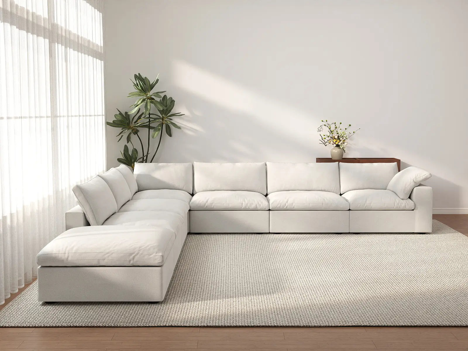 Deluxe Cloud 6-Seater White V-Shaped Sectional | 7-Piece (Includes 1 Ottoman), Cotton And Linen Fabric, Living Room Seating, Washable Cushion Covers
