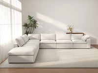 Deluxe Cloud 6-Seater White V-Shaped Sectional | 7-Piece (Includes 1 Ottoman), Cotton And Linen Fabric, Living Room Seating, Washable Cushion Covers