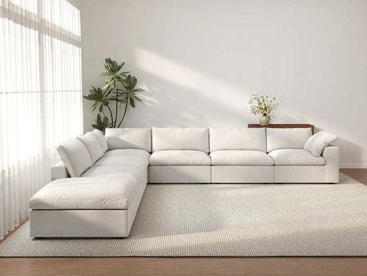 Deluxe Cloud 6-Seater White V-Shaped Sectional | 7-Piece (Includes 1 Ottoman), Cotton And Linen Fabric, Living Room Seating, Washable Cushion Covers