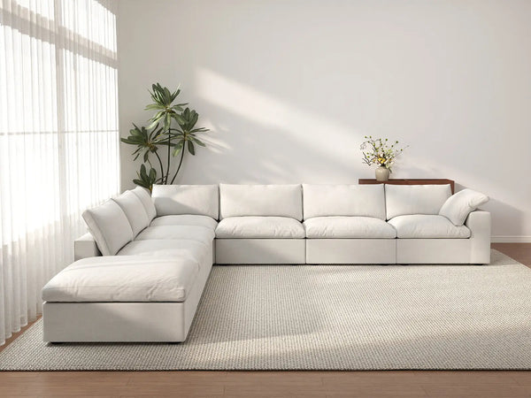 Deluxe Cloud 6-Seater White V-Shaped Sectional | 7-Piece (Includes 1 Ottoman), Cotton And Linen Fabric, Living Room Seating, Washable Cushion Covers