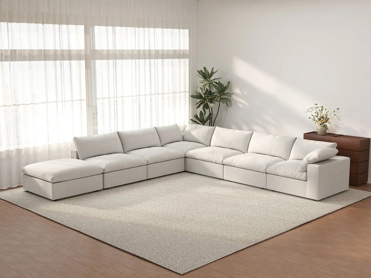 Deluxe Cloud 6-Seater White V-Shaped Sectional | 7-Piece (Includes 1 Ottoman), Cotton And Linen Fabric, Living Room Seating, Washable Cushion Covers
