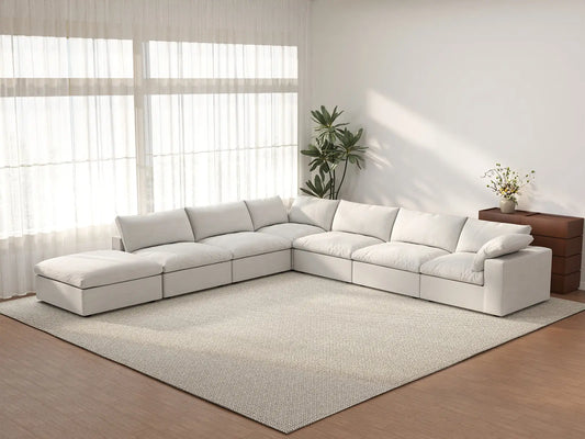 Deluxe Cloud 6-Seater White V-Shaped Sectional | 7-Piece (Includes 1 Ottoman), Cotton And Linen Fabric, Living Room Seating, Washable Cushion Covers