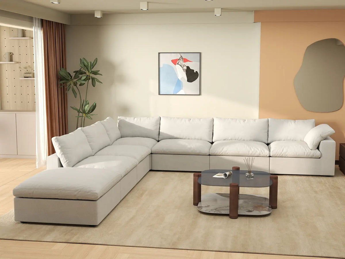 Deluxe Premium Cloud Sectional Sofa Covers | White Cotton and Linen Sofa Cover for 6-Seater with 1-Ottoman