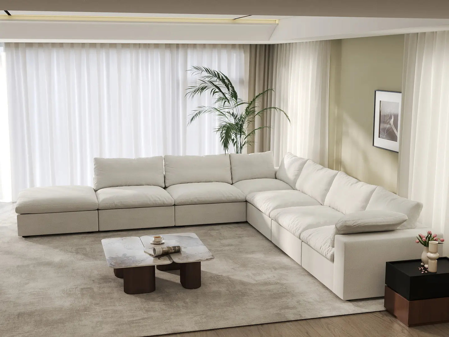 Deluxe Premium Cloud Sectional Sofa Covers | White Cotton and Linen Sofa Cover for 6-Seater with 1-Ottoman