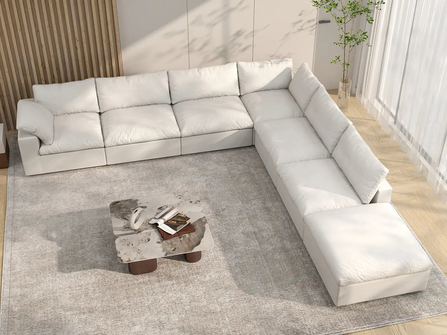 Deluxe Premium Cloud Sectional Sofa Covers | White Cotton and Linen Sofa Cover for 6-Seater with 1-Ottoman