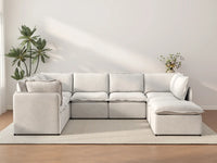 Deluxe Cloud 7-Seater Beige Open Space U-Shaped Sectional | 8-Piece (Includes 1 Ottoman), Linen Look Poly Fabric, Easy To Clean