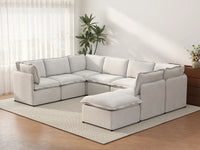 Deluxe Cloud 7-Seater Beige Open Space U-Shaped Sectional | 8-Piece (Includes 1 Ottoman), Linen Look Poly Fabric, Easy To Clean