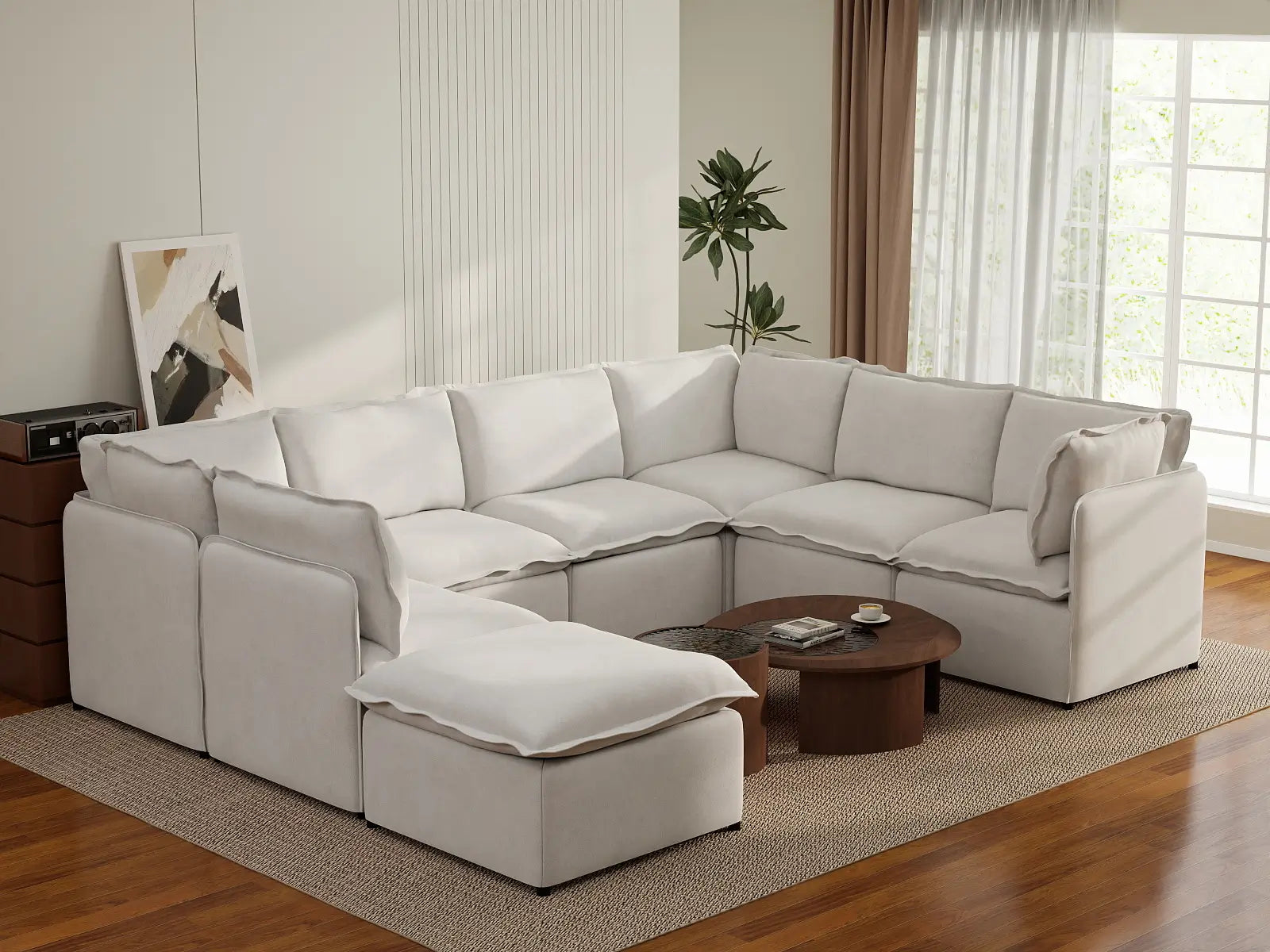 Deluxe Cloud 7-Seater Beige Open Space U-Shaped Sectional | 8-Piece (Includes 1 Ottoman), Linen Look Poly Fabric, Easy To Clean