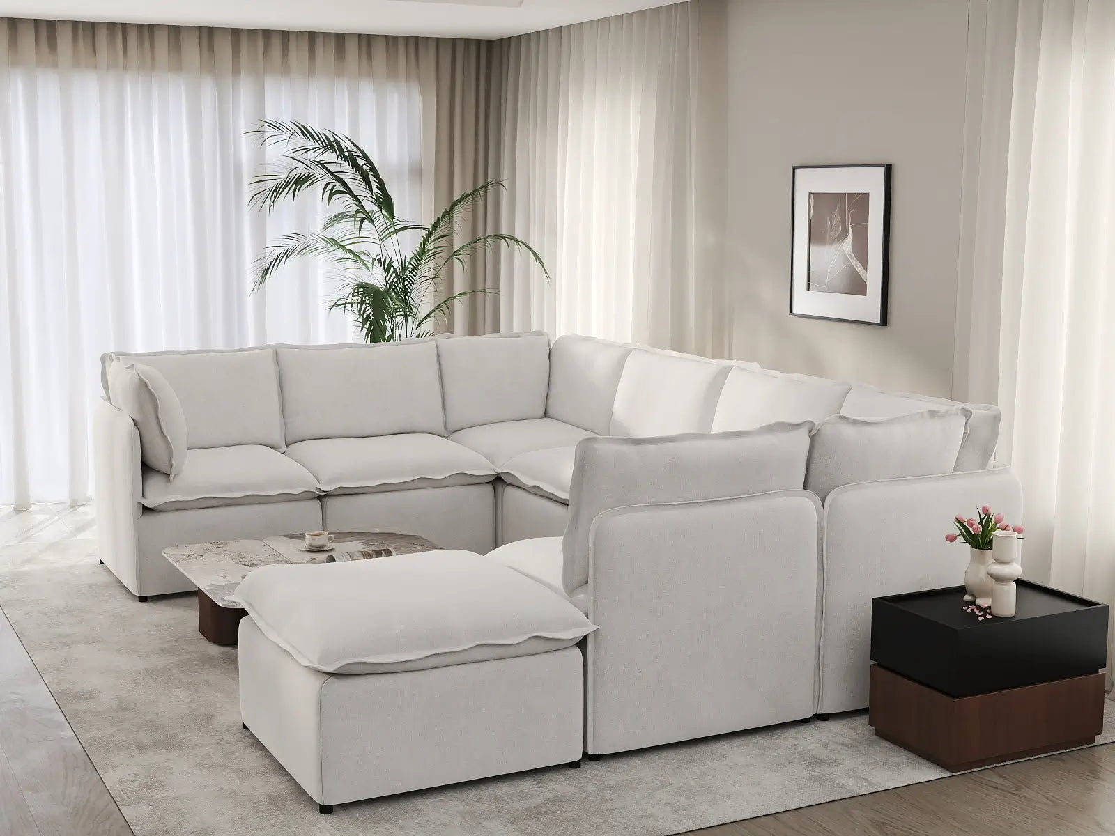 Deluxe Cloud 7-Seater Beige Open Space U-Shaped Sectional | 8-Piece (Includes 1 Ottoman), Linen Look Poly Fabric, Easy To Clean