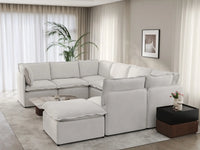 Deluxe Cloud 7-Seater Beige Open Space U-Shaped Sectional | 8-Piece (Includes 1 Ottoman), Linen Look Poly Fabric, Easy To Clean