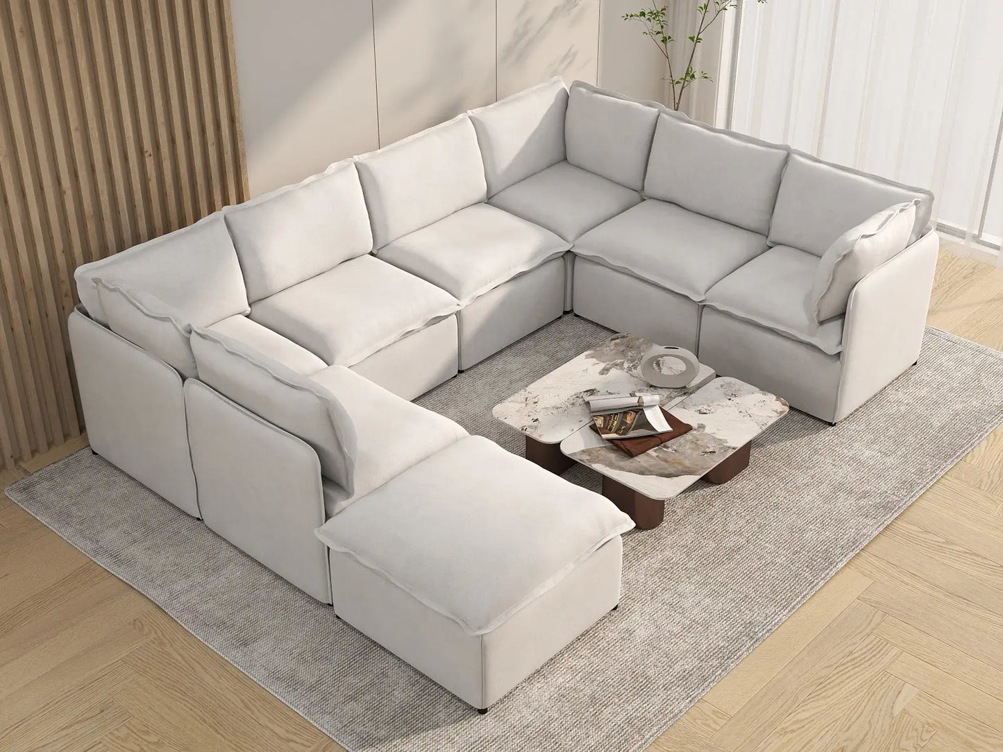 Deluxe Cloud 7-Seater Beige Open Space U-Shaped Sectional | 8-Piece (Includes 1 Ottoman), Linen Look Poly Fabric, Easy To Clean