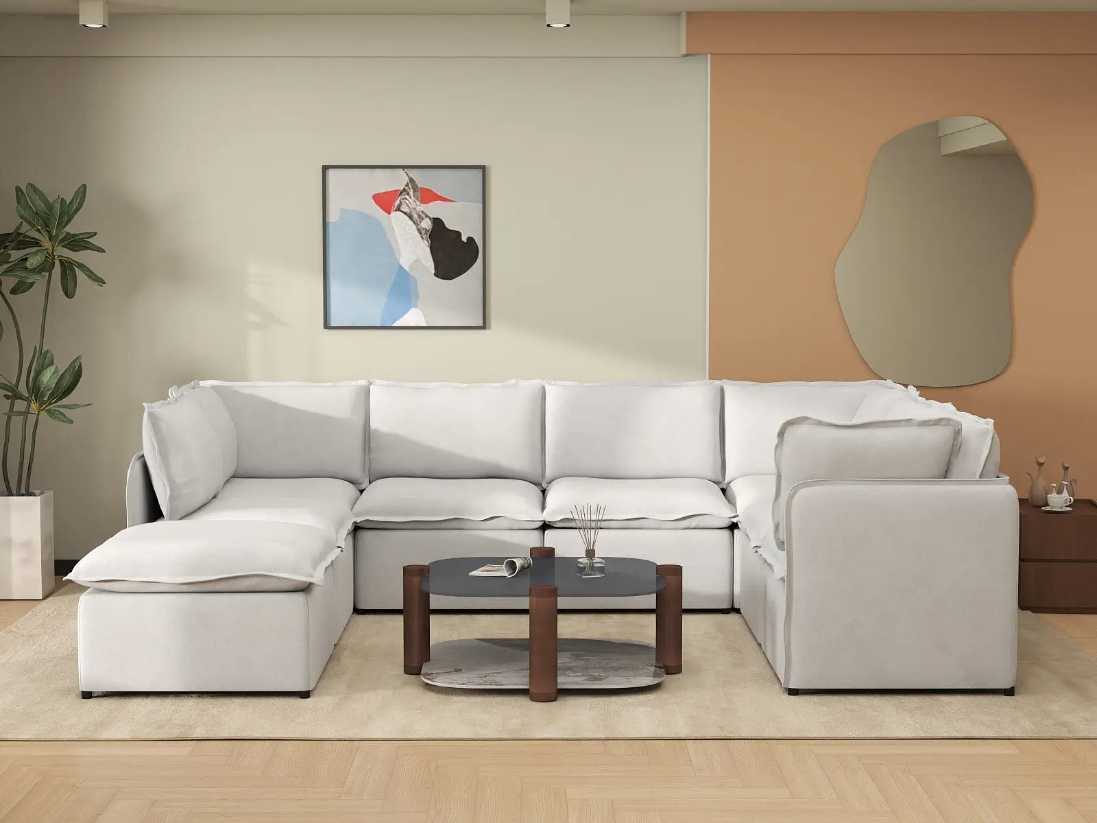 Deluxe Cloud 7-Seater Beige Open Space U-Shaped Sectional | 8-Piece (Includes 1 Ottoman), Linen Look Poly Fabric, Easy To Clean