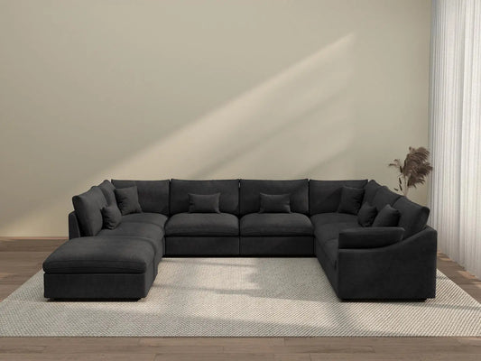 Deluxe Cloud 7-Seater Black Pit Sectional | 8-Piece (Includes 1 Ottoman), Chenille And Linen Fabric, Washable Cushion Covers