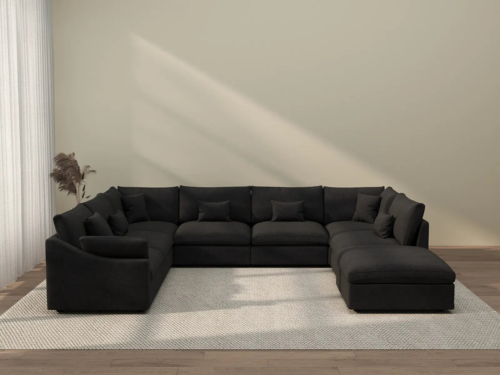 Deluxe Cloud 7-Seater Black Pit Sectional | 8-Piece (Includes 1 Ottoman), Chenille And Linen Fabric, Washable Cushion Covers