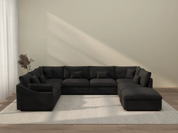 Deluxe Cloud 7-Seater Black Pit Sectional | 8-Piece (Includes 1 Ottoman), Chenille And Linen Fabric, Washable Cushion Covers