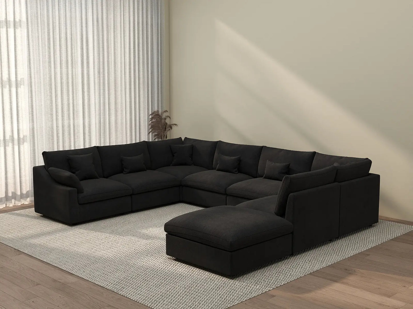 Deluxe Cloud 7-Seater Black Pit Sectional | 8-Piece (Includes 1 Ottoman), Chenille And Linen Fabric, Washable Cushion Covers