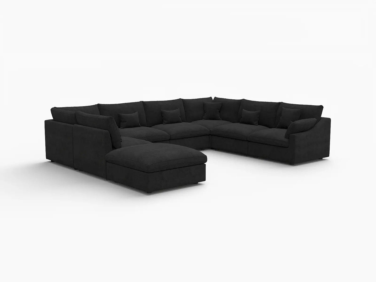 Deluxe Cloud 7-Seater Black Pit Sectional | 8-Piece (Includes 1 Ottoman), Chenille And Linen Fabric, Washable Cushion Covers
