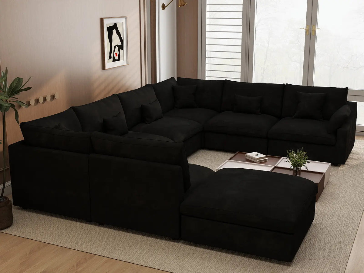 Deluxe Cloud 7-Seater Black Pit Sectional | 8-Piece (Includes 1 Ottoman), Chenille And Linen Fabric, Washable Cushion Covers