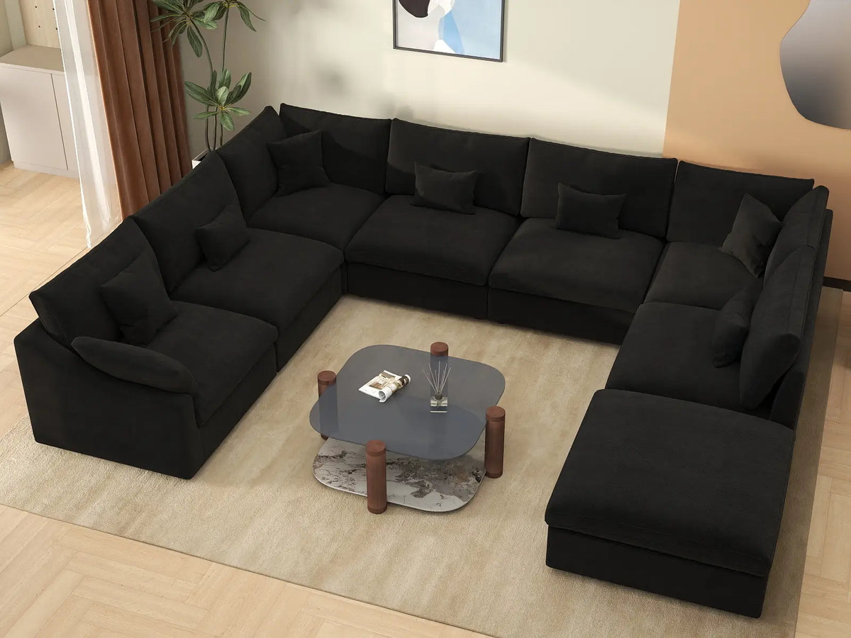 Deluxe Cloud 7-Seater Black Pit Sectional | 8-Piece (Includes 1 Ottoman), Chenille And Linen Fabric, Washable Cushion Covers