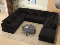 Deluxe Cloud 7-Seater Black Pit Sectional | 8-Piece (Includes 1 Ottoman), Chenille And Linen Fabric, Washable Cushion Covers