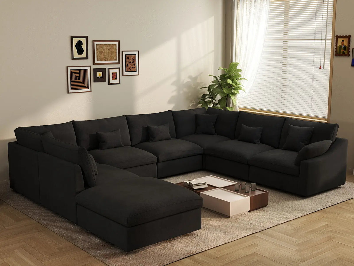 Deluxe Cloud 7-Seater Black Pit Sectional | 8-Piece (Includes 1 Ottoman), Chenille And Linen Fabric, Washable Cushion Covers