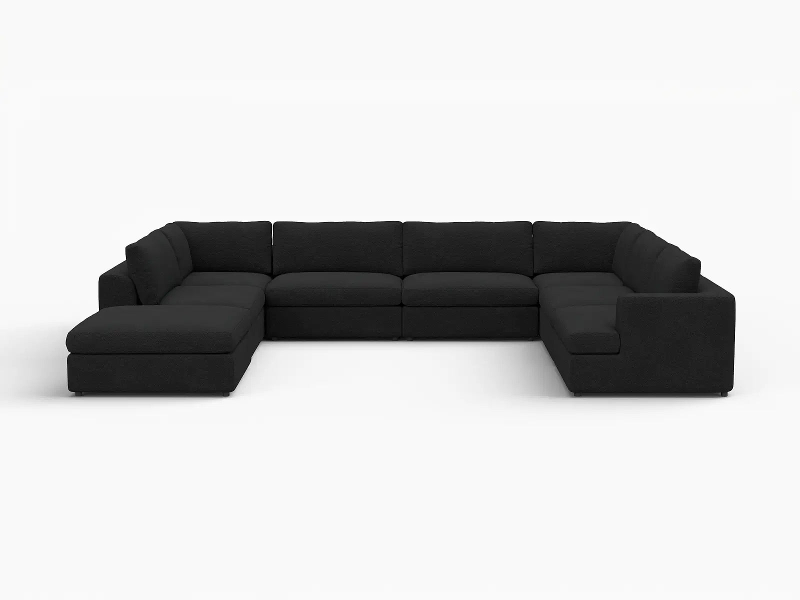 Deluxe Cloud 7-Seater Black U-Shaped Sectional | 8-Piece (Includes 1 Ottoman), Bouclé Sherpa-Like Fabric, Washable Cushion Covers