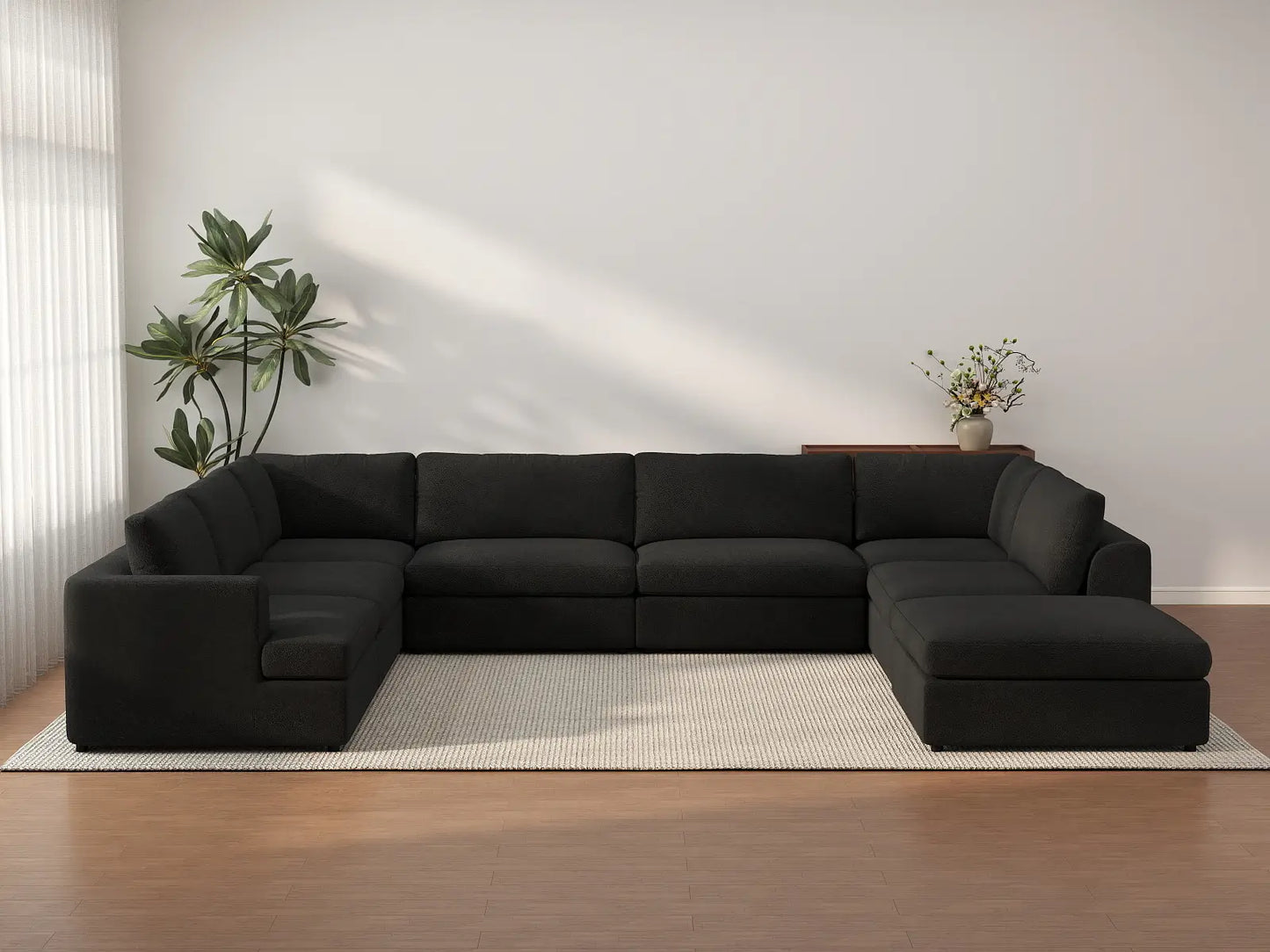 Deluxe Cloud 7-Seater Black U-Shaped Sectional | 8-Piece (Includes 1 Ottoman), Bouclé Sherpa-Like Fabric, Washable Cushion Covers
