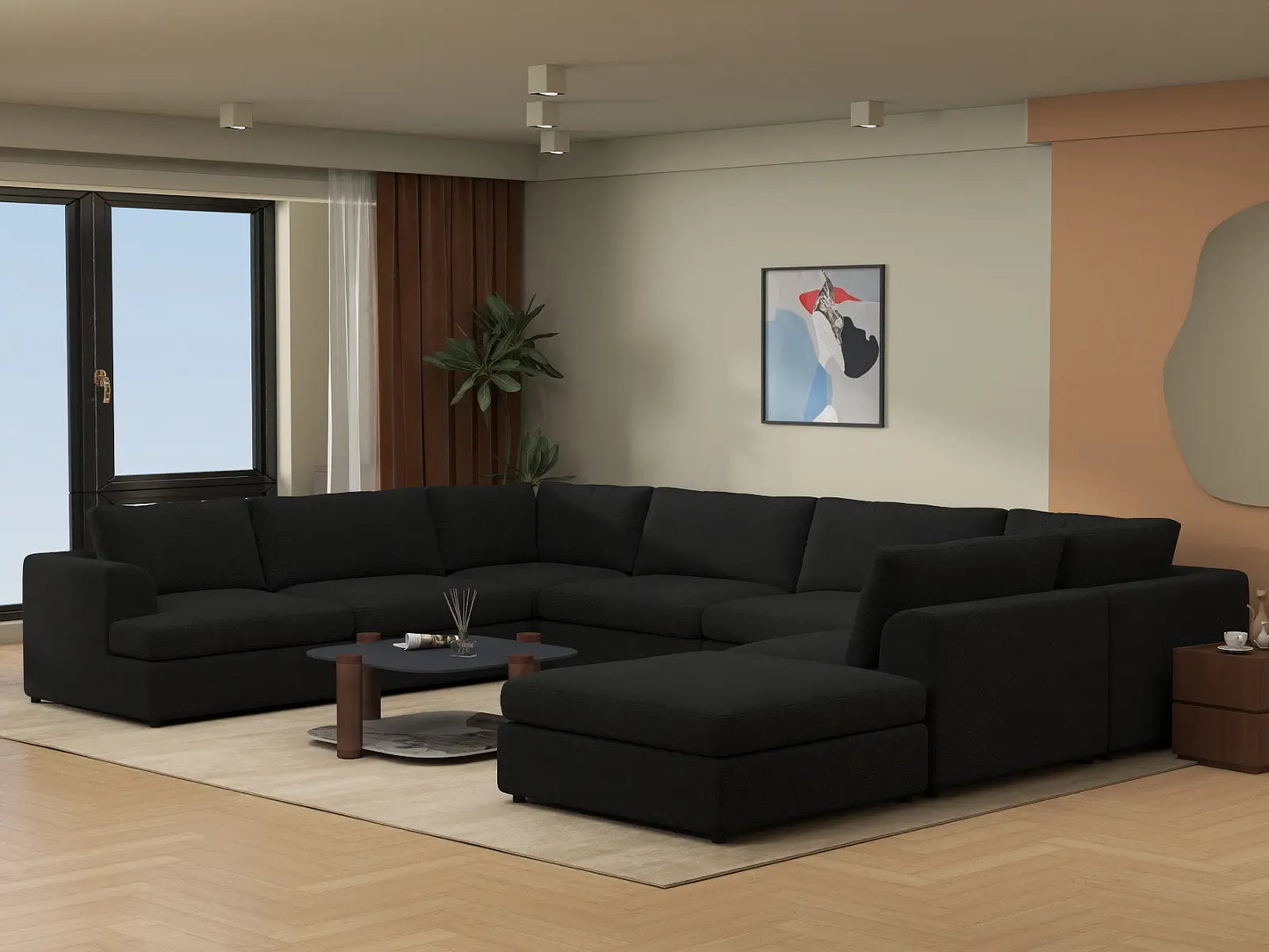 Deluxe Cloud 7-Seater Black U-Shaped Sectional | 8-Piece (Includes 1 Ottoman), Bouclé Sherpa-Like Fabric, Washable Cushion Covers