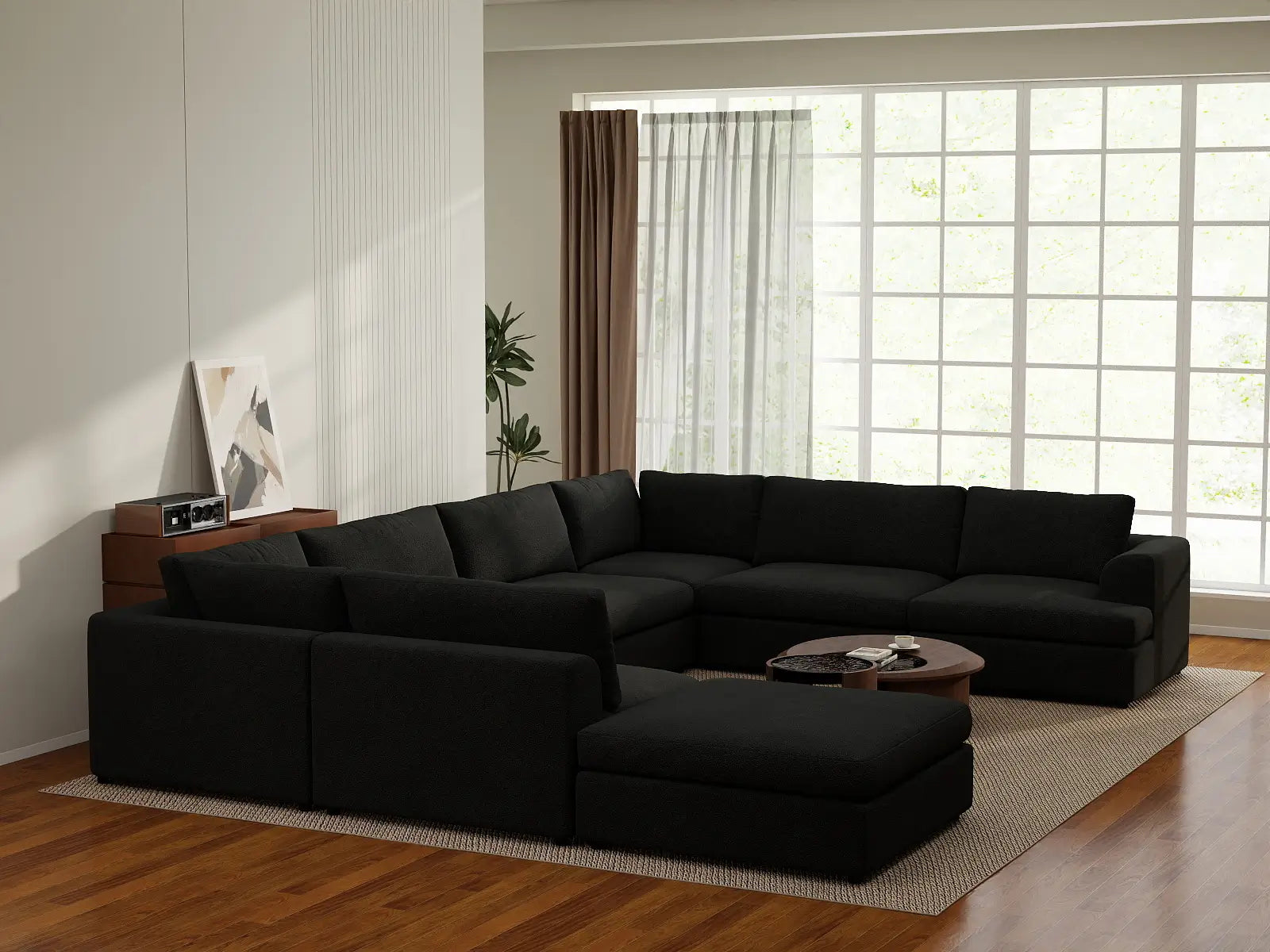Deluxe Cloud 7-Seater Black U-Shaped Sectional | 8-Piece (Includes 1 Ottoman), Bouclé Sherpa-Like Fabric, Washable Cushion Covers