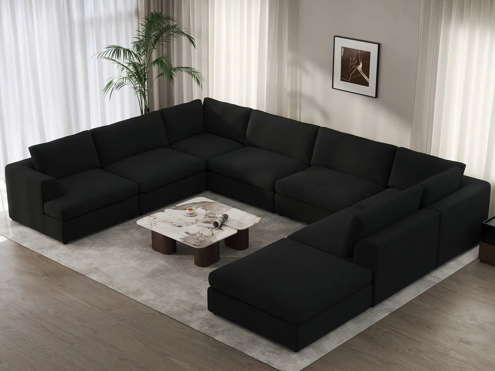 Deluxe Cloud 7-Seater Black U-Shaped Sectional | 8-Piece (Includes 1 Ottoman), Bouclé Sherpa-Like Fabric, Washable Cushion Covers