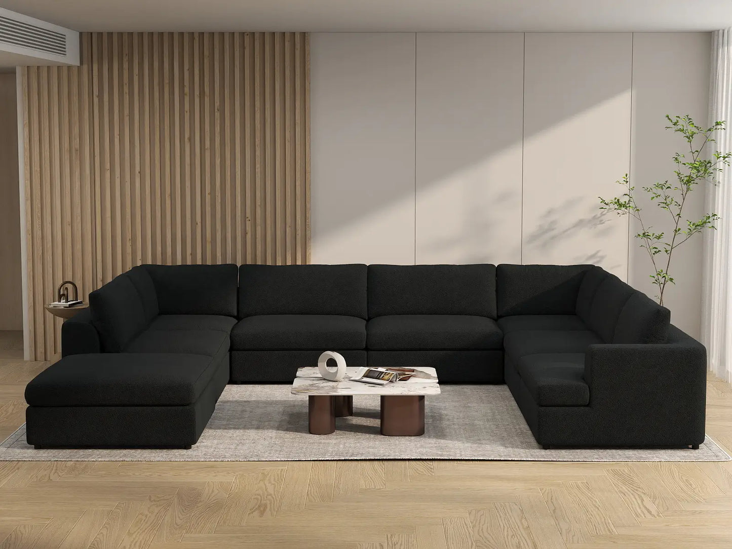 Deluxe Cloud 7-Seater Black U-Shaped Sectional | 8-Piece (Includes 1 Ottoman), Bouclé Sherpa-Like Fabric, Washable Cushion Covers