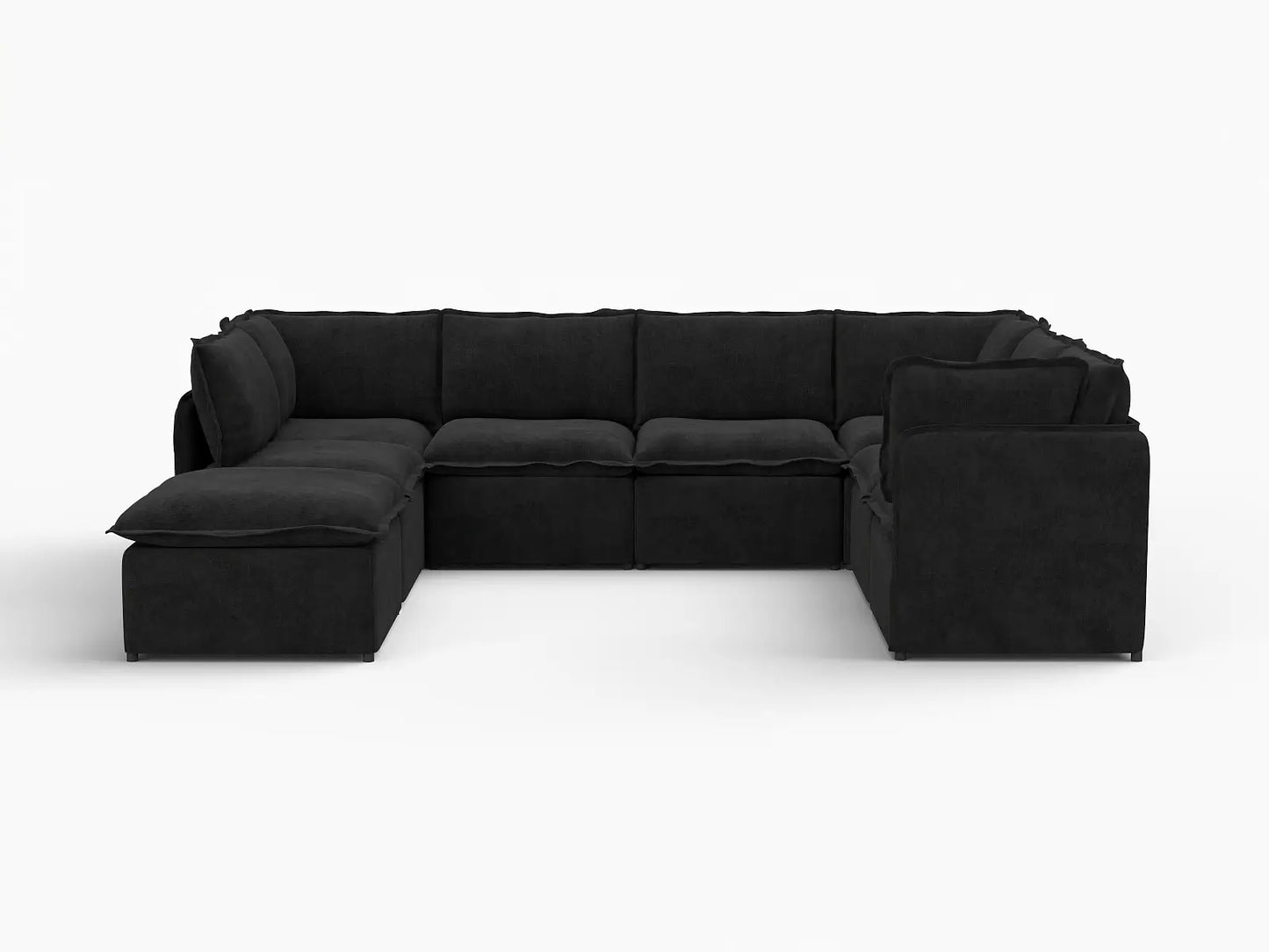Deluxe Cloud 7-Seater Black U-Shaped Sectional | 8-Piece (Includes 1 Ottoman), Linen Look Poly Fabric, Washable Cushion Covers