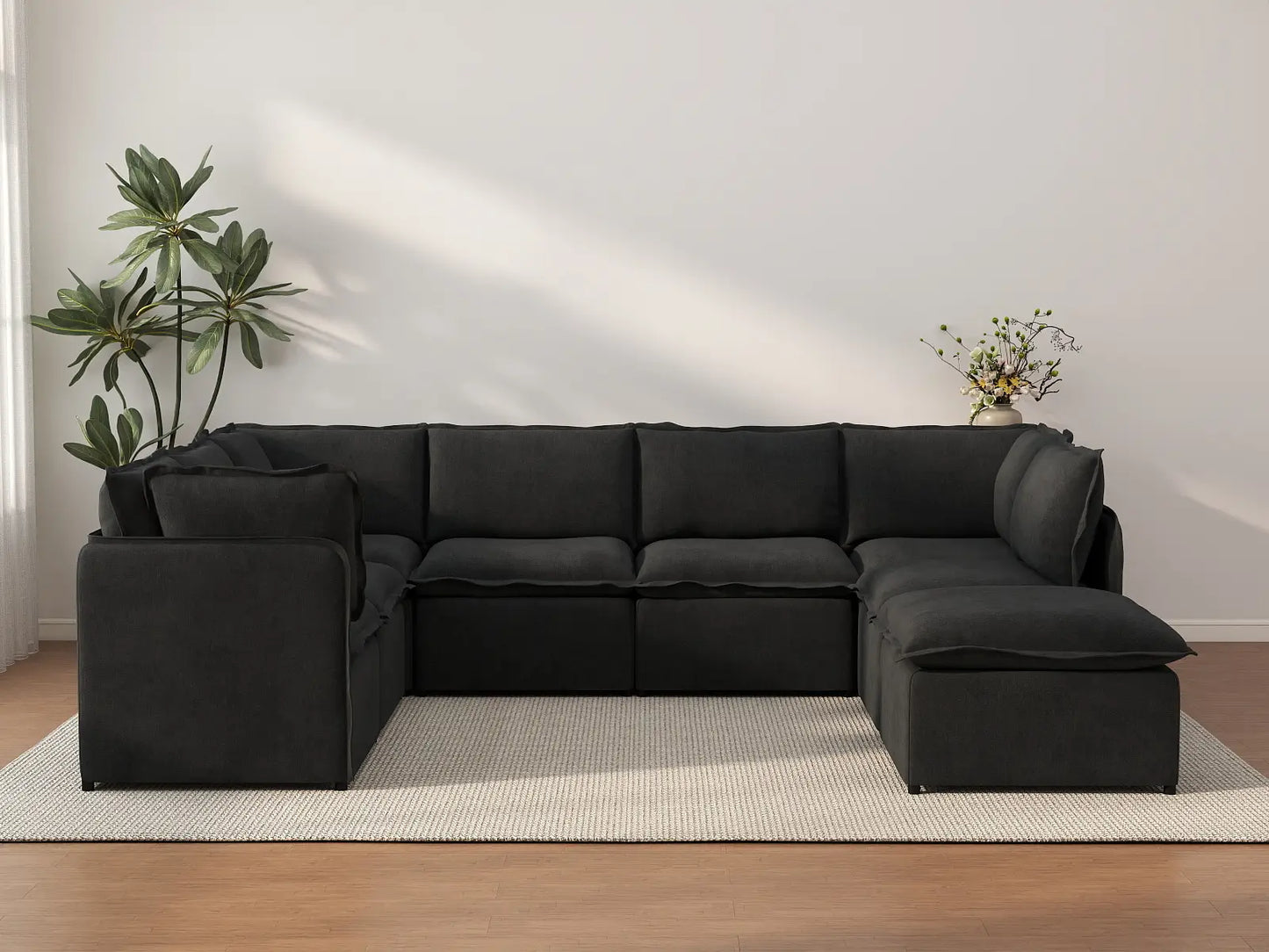 Deluxe Cloud 7-Seater Black U-Shaped Sectional | 8-Piece (Includes 1 Ottoman), Linen Look Poly Fabric, Washable Cushion Covers
