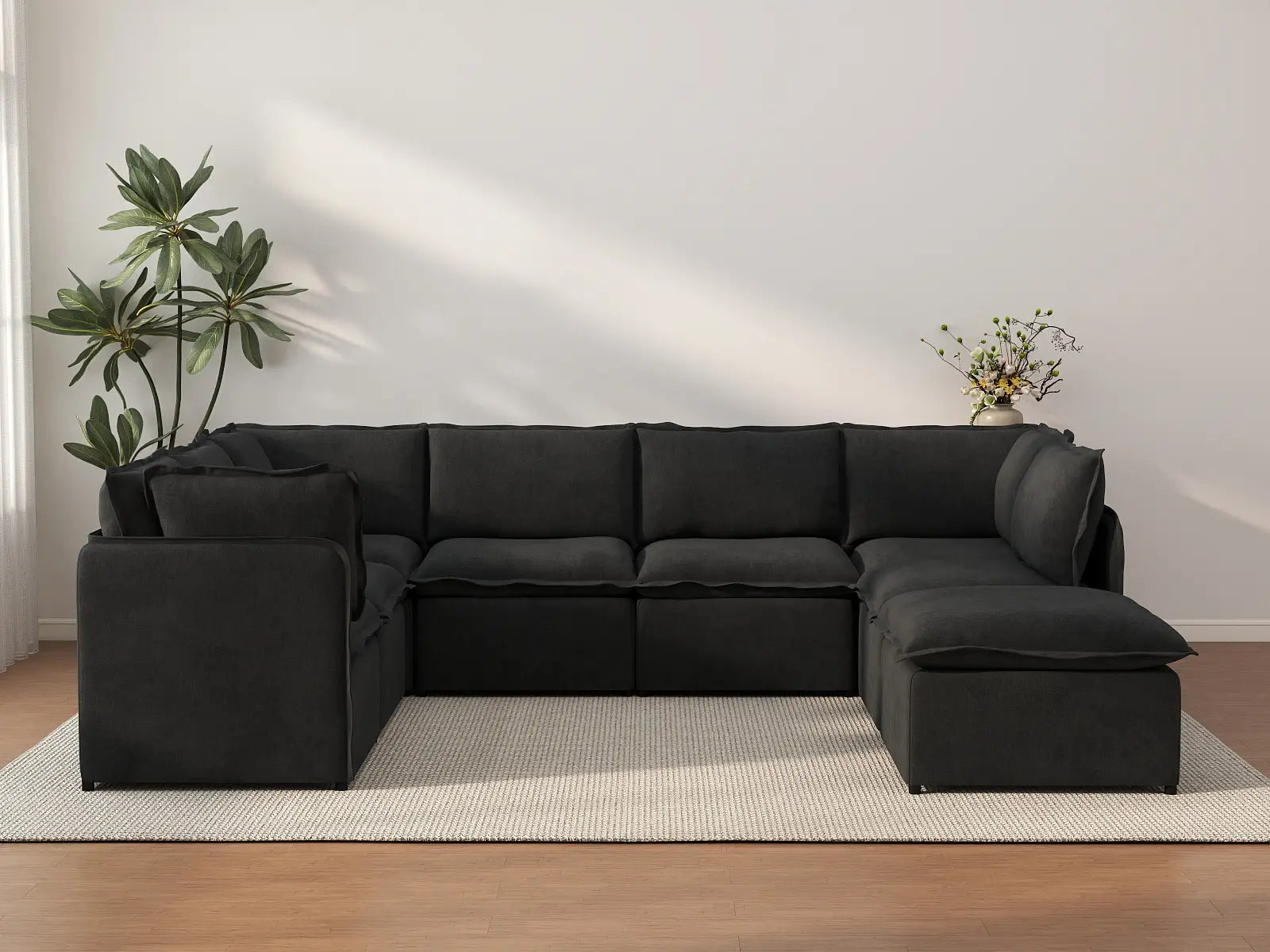 Deluxe Cloud 7-Seater Black U-Shaped Sectional | 8-Piece (Includes 1 Ottoman), Linen Look Poly Fabric, Washable Cushion Covers
