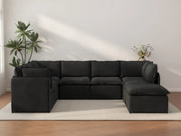 Deluxe Cloud 7-Seater Black U-Shaped Sectional | 8-Piece (Includes 1 Ottoman), Linen Look Poly Fabric, Washable Cushion Covers