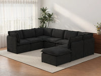 Deluxe Cloud 7-Seater Black U-Shaped Sectional | 8-Piece (Includes 1 Ottoman), Linen Look Poly Fabric, Washable Cushion Covers